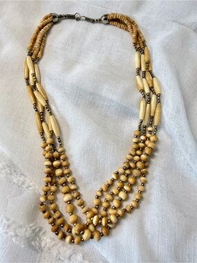 Vintage Bone Multi Strand Natural Bead Statement Necklace Boho Southwestern